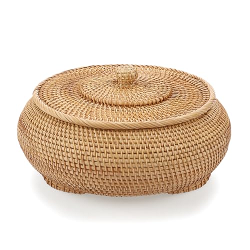 Hipiwe Round Rattan Boxes with Lid, X-Large Woven Bread Basket Natural Rattan Basket Wicker Storage Box Decorative Basket for Coffee Table Farmhouse Picnic Fruit Storage Basket - size: X-Large,10.3"D x 4.3"H