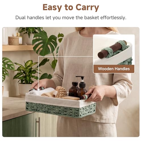 StorageWorks Small Baskets for Organizing with Handles and Liner, Wicker Toilet Paper Basket for Back of Toilet, Green Paper Rope Bathroom Basket Organizer and Storage for Sage Green Decor, 2 Pack - color: Green, size: 12"L x 7¾"W x 3¼"H + 10¼"L x 6"W x 2