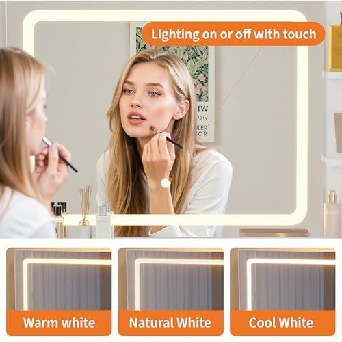 Garvee 31.5-Inch Wide Vanity with Chair, Womens Vanity with Stool, LED Mirror, Hairdryer Holder, Power Outlet, 3 Lighting Color Adjustable - color: White Vanity With Chair