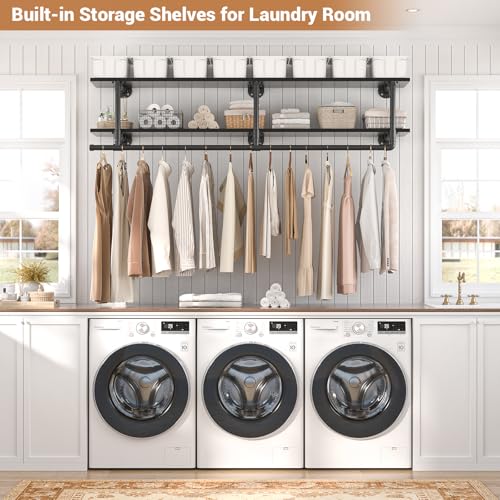 Aheaplus Industrial Pipe Clothes Rack with Top Shelf, 47In Space-Saving Wall Mounted Clothing Rack, 2 Tiers Heavy Duty Pipe Clothing Shelves with Hanging Rod for Laundry Room, Closet Storage, Black - color: Black, size: 47IN