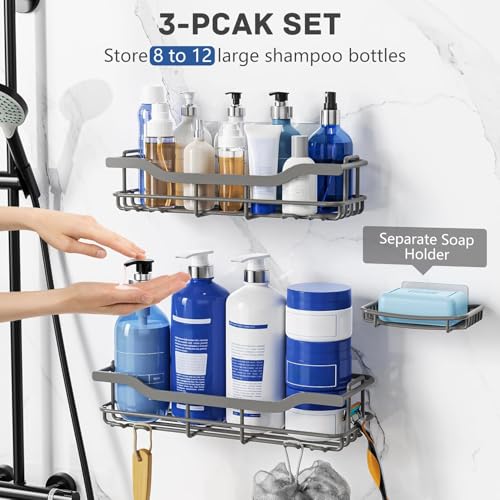 OMAIRA 3-Pack Shower Caddy with Soap Holder, Adhesive Rustproof No-drill Strudy Loading Inside Shower Organizer Shelves Rack Storage Bathroom Organization for Smooth Wall Glass Tile, Grey (X-Large) - color: 3PCS Grey - XX Large