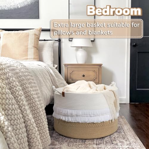 CherryNow Large Wicker Laundry Basket for Entryway, Bedroom, Jute Decorative Baskets for Clothes, Toys, Towel Basket for Bathrooom, 22 x 14 inches, 83L - color: White & Camel, size: 83L (22"W x 14"H)