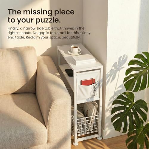 Skinny Side Table with Storage, 3 Tier Slim Side Tables for Small Spaces, Skinny End Table Narrow Bedside Table Narrow Side Table for Living Room, Bedroom - color: White