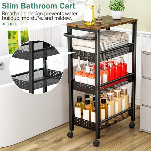 Vivihomety Utility Slim Storage Cart with Wheels, 4-Tier Narrow Rolling Organizer Shelf with Wood Top, Metal Storage Rack and Space-Saving Organizer for Bathroom, Kitchen, Laundry Room, Small Spaces - color: Black, size: 8.1 inch wide