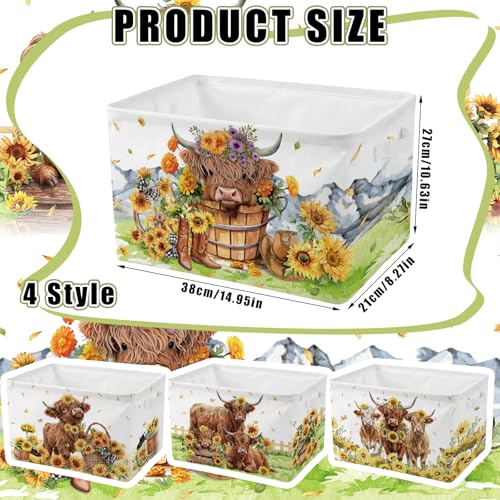 4 Pcs Highland Cow Storage Bin Collapsible Western Cow Themed Fabric Storage Basket with Handle American Country Style Organizer for Home Bedrooms Baby Clothes Toys Books - style: Highland Cow