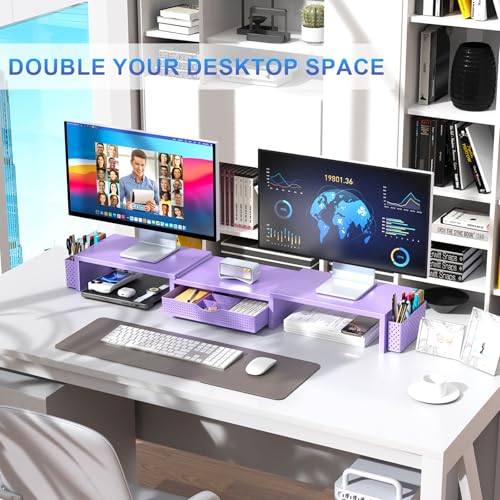 gianotter Dual Monitor Stand Riser, Desk Organizer With Drawer and 2 Pen Holders, Desk Organizers and Accessories, Purple Office Decor (Purple) - color: Purple