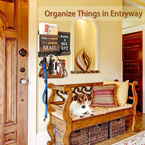 Key and Mail Holder for Wall with 2 Double Key Hooks with Black Board Floating Shelf Rustic Wood Decorative Hanger for Entryway, Storage, Living Room, Hallway, Kitchen (Dark Brown)