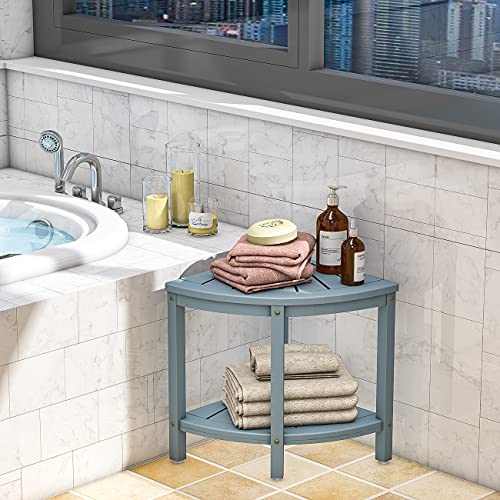 Bamfan Bamboo Corner Shower Bench Waterproof Stool with Space-Efficient Storage Shelf - Shower Stool Seat for Indoor or Outdoor Use(Bluish Grey) - color: Grey