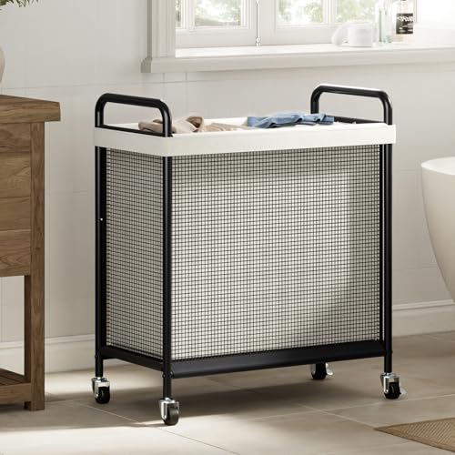 WOWLIVE Laundry Hamper 2 Section, 100L Rolling Laundry Basket with wheels and Removable Liner Bag, Double Laundry Sorter with Metal Handle, Clothes Hamper for Laundry Room, Bathroom and Dorm, Beige - size: 2-Section