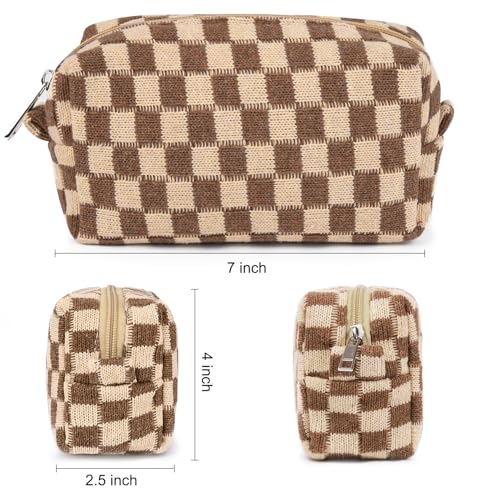 SOIDRAM 2 Pack Checkered Makeup Bag for Women, Cute Makeup Pouch Small Makeup Bag Travel Cosmetic Organizer for Toiletries, Brushes & Skincare - color: Brown, size: 2 Pack