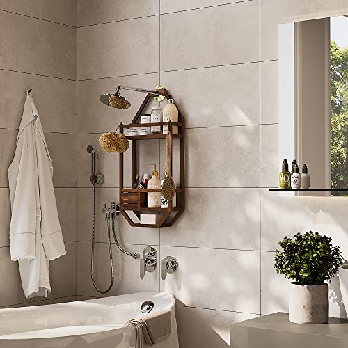 TeakCraft Teak Shower Caddy, Patented Shower Organizer For Bathroom, Non Slip, Indoor and Outdoor, Hanging Organizer, Showerhead, 3 Shelf, The Thoren