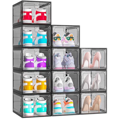 ARSTPEOE 12 Pack Upgrade Harder Shoe Organizer, Shoe Storage with Magnetic Front Door, Clear Shoe Boxes Foldable Space-Saving Shoe Rack for Sneaker Boot Container, Black - color: Black, size: Upgrade 12 Pack