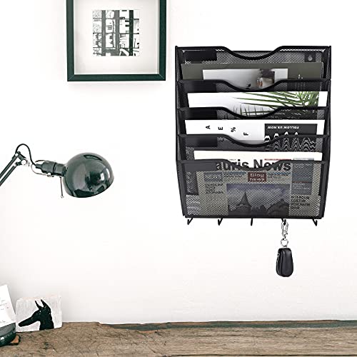 EASEPRES 5 Pocket Mesh Hanging File Organizer with Key Holder Hooks & Nametag Label, Wall Mounted Mail Paper Document Folder Storage Organization Magazine Rack for Office Cubicle, 5 Tier Black - color: Black, size: 5 Tier & Key Holder