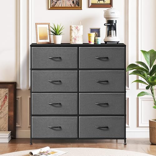8-Drawer Dresser for Bedroom, Anti-Tip Tall Storage Organizer Chest of Drawers with Wooden Top and Metal Frame Fabric Bins for Closet, Living Room, Hallway, Entryway, Gray - color: Grey, size: 11.8"D x 31.4"W x 36.3"H (8 Drawers)