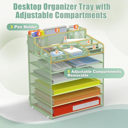 Docnest 6 Tier Mesh Desk Organizer for Paper Office Supplies – Multi-Functional Letter Tray with 5 Adjustable Compartments, 6 Pen Holders, Desktop Storage for Files, Mail, Stationery – Green - color: Green, size: 12.7" x 9.1" x 15.5"
