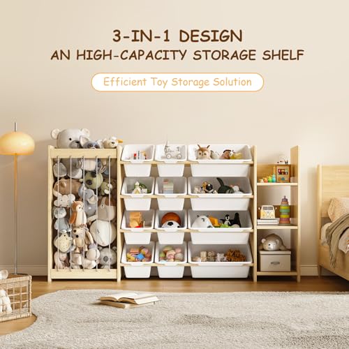 EXPERLAM 3-in-1 Toy Storage Organizer, Stuffed Animal Holder & 3-Tier Bookcase, Solid Wood Toy Organizer with 12 Storage Bins, Space-Saving Toy & Book Shelf for Kids Rooms, Bedroom, Playroom, White - color: White