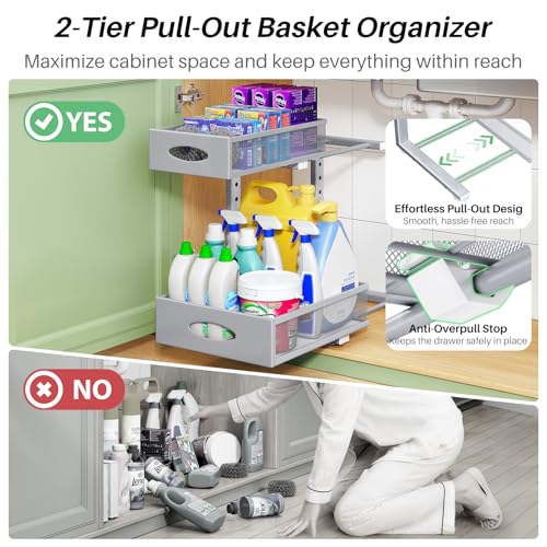 Under Sink Organizer, 2-Pack Pull Out Cabinet Organizer 2 Tier Metal Slide Out Storage Shelf Rack, L-Shaped Adjustable Height,Mesh Sliding Drawer for Kitchen, Bathroom, Laundry, Pantry, Grey, XL - color: Grey, size: 2-Pack (XL)