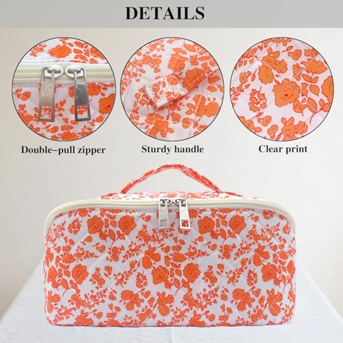 Orange Large Quilted Floral Makeup Bag Cute Coquette Aesthetic Cosmetic Bag Open Flat Travel Toiletry Make up Bag for Women - color: C-lay flat orange
