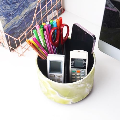 Round Leather Art Supply Organizer,Remote Control Holder,360-degree Rotating Pen Organizer with 4 Compartments(1-Marble Geen) - color: 1-Marble Geen