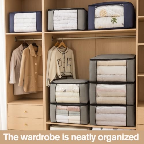 Large Storage Bags,Clothes Storage Bins Foldable Closet Organizers Storage Containers with Durable Handles Thick Fabric for Blanket Comforter Clothing Bedding (grey, 60L (3Pick) - size: 60L (3Pick）