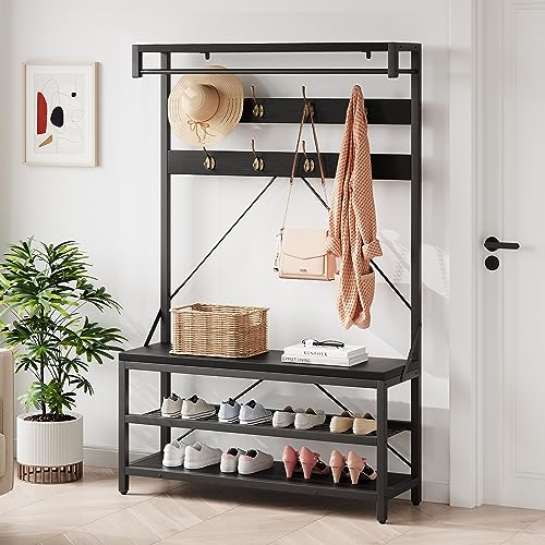 IDEALHOUSE Coat Rack Shoe Bench Industrial Hall Tree Storage Bench for Entryway Wood Look Accent Large Shoe Rack with Storage Shelf Hanging Bar,8 Hooks Grey 39.9"x15.7"x72" - color: Black