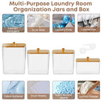 COAZEX 4 Pack Clear Laundry Pods Container & Dryer Sheet Holder, Plastic Square Laundry Room Organization and Storage Jars with Lids, Scoops & Labels for Detergent, Powder, Dryer Balls, Beads - color: B-2+1+1 Pack