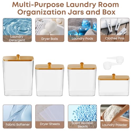 COAZEX 4 Pack Clear Laundry Pods Container & Dryer Sheet Holder, Plastic Square Laundry Room Organization and Storage Jars with Lids, Scoops & Labels for Detergent, Powder, Dryer Balls, Beads - color: B-2+1+1 Pack