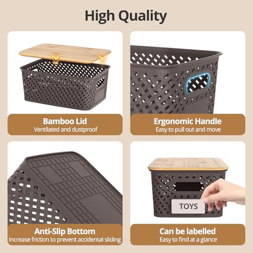 Plastic Storage Bins with Bamboo Lids, Stackable Small Box Baskets for Organizing and Containers for Shelves Drawers Desktop Closet Pantry Classroom Office Home, 6 Pack 10.2x7.2x4.1 Inch, Brown - color: Brown