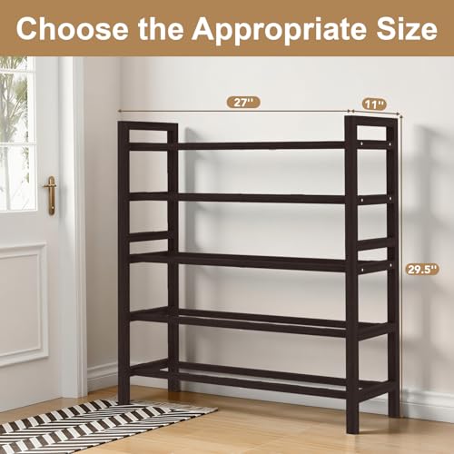 Haddockway Bamboo Shoe Rack for Closet, Free Standing Shoe Organizer with Smooth Round Rods & Convenient Handles, Stackable Shoe Storage Shelf for Entryway, Hallway(Brown, 5-Tier) - color: Brown, size: 5-Tier_Standard