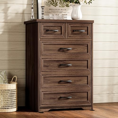 AODK Farmhouse Tall 6 Drawer Dresser for Bedroom, 5-Tier Vertical Storage Chest with Mixed Drawers, Engineered Wood Frame with Anti-Tip Safety, American Country Furniture, Walnut - color: Walnut, size: 15.7"D x 26"W x 38.2"H (6 Drawers)