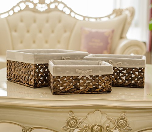 Water Hyacinth Storage Baskets Set of 3 with Metal Frame & Removable Liner, Large Medium Small Rectangular Woven Organizer Bins for Closet, Bedroom, Bathroom, Kitchen, Home Organization - size: Set of 3