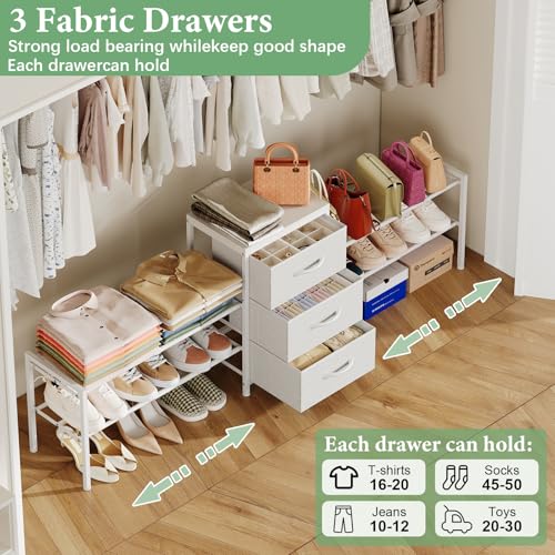 Cidaziya Expandable Closet Organizers and Storage,Wide Long 3 Drawer Dresser,White Fabric Storage Dresser, Clothes Shelves for Kids, Purse Organizer Small Shoe Rack for Closet Bedroom(47.24~71.47in) - size: 47.24~ 71.47"W*11.41"D * 24.01"H