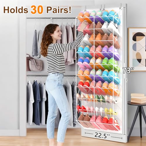 20-30 Pairs Over the Door Shoe Organizer, Transparent PVC Hanging Shoe Rack for Closet, 10-Tier Door Shoes Storage, Crystal-Clear Visibility Fit All the Family's Sneakers, Boots, Heels, White Frame - color: White & Clear