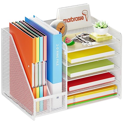 Marbrasse Desk Organizer with File Holder, 5-Tier Paper Letter Tray, Mesh Desk Organizers and Accessories with Magazine Holder, Desktop Organizer and Storage for Office Supplies (White) - color: Desk Organizer File Holder No Drawer- White