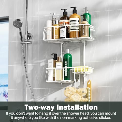 Epicano Shower Caddy Hanging, Anti-Swing Over Head Shower Caddy Rustproof with hooks for Towels, Sponge and more,White - color: White