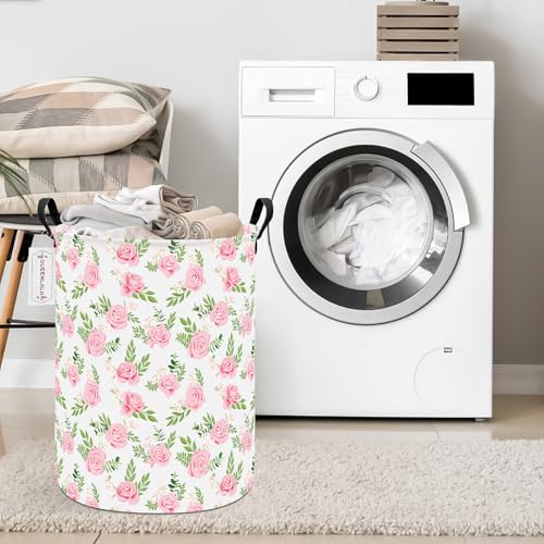 QUEENLALA Large Storage Basket,Laundry Hamper/Bathroom/Home Decor/Collapsible Round Storage Bin,Boys and Girls Hamper/Boxes/Clothing(Round-Pink roses) - color: Round-Pink roses