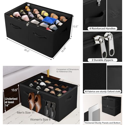 TOPIA HOME Shoe Organizer for Closet 2 Pack, Foldable Shoe Box with Adjustable Divider and Clear Cover, Space Saving Shoe Storage Organizer Cabinet with Reinforced Handles, Fits 40 Pair, Black, TP11B - color: Black-2Pack, size: Extra Large(26.5''L x 16.54