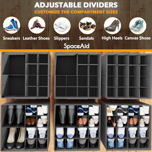 SpaceAid Shoe Organizer for Closet, 2 Pack Foldable Shoe Storage Containers Baskets Boxes Bins w/Adjustable Dividers, Fits 16-32 Pairs, Grey - color: Grey