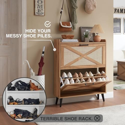 Barnyatoh Shoe Storage Cabinet, Boho Shoe Organizer with 2 Flip Drawers & Rattan Design,Farmhouse Freestanding Hidden Slim Narrow Shoe Rack Cabinet for Entryway, Foyer,Hallway, Natural - color: Natural, size: 2-Drawers