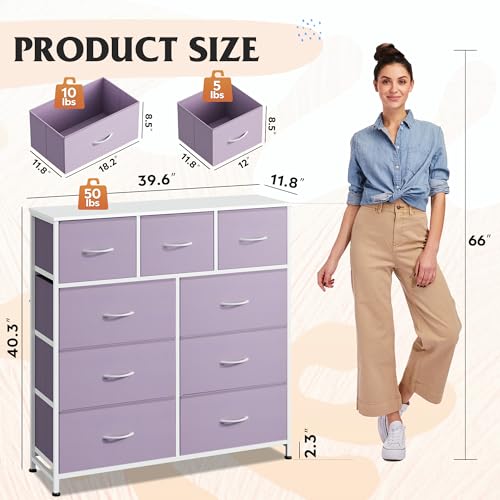 WLIVE 9 Drawer Dresser, Fabric Storage Tower for Bedroom, Hallway, Closet, Tall Chest Organizer Unit for Bedroom with Fabric Bins, Steel Frame, Wood Top, Easy Pull Handle, Purple - color: Purple