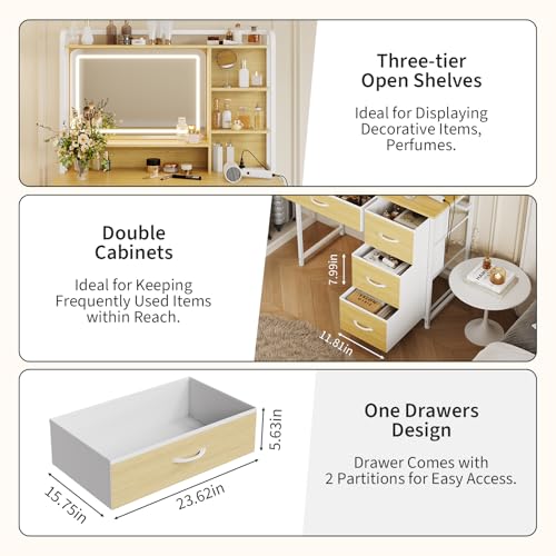 Garvee Vanity Desk with Square Mirror, 35.4” Makeup Vanity Table with Shelves, 4 Fabric Drawers Storage, Modern Dressing Table for Bedroom, Gift for Girls