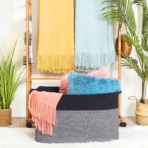 MINTWOOD Design 22in Extra Large Blanket Basket Holder for Living Room, Rectangle Rope Woven Storage Bin with Handles for Laundry, Pool Towels, and Shoes, Dog Toy Box Organizer, Navy Blue - color: Navy Blue