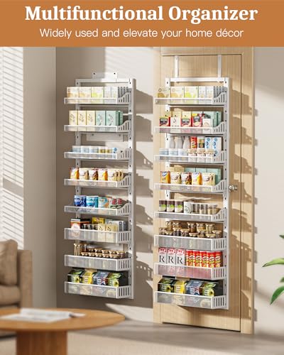POKIPO Over the Door Pantry Organizer 8-Tier, Large Metal Door Spice Rack with Adjustable Basket, 2 in 1 Wall Mount or Hanging Heavy-Duty Pantry Door Storage Shelf for Kitchen and Bathroom, White - color: White