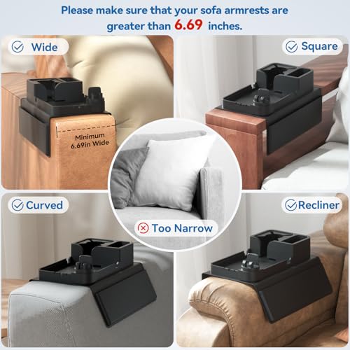Couch Arm Cup Holder CLESOO Couch Arm Tray Anti-Slip Couch Cup Holder Silicone Sofa Armrest Tray Dual Side Pocket Couch Drink Holder Sofa Caddy Arm Remote Holder Snack Caddy with Phone Holder Black - color: Black