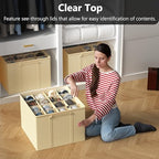 SUOCO 2 Pack Shoe Organizer for Closet, Fits up to 32 Pairs, Small Space Shoe Storage Boxes Bins Containers w/Adjustable Dividers and Clear Top, Black, Beige - color: Beige