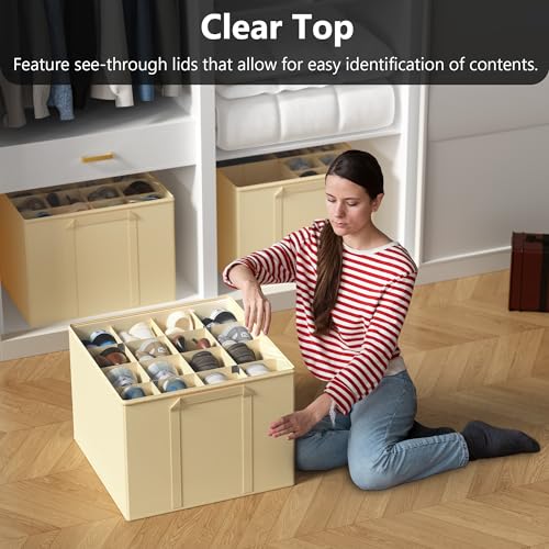 SUOCO 2 Pack Shoe Organizer for Closet, Fits up to 32 Pairs, Small Space Shoe Storage Boxes Bins Containers w/Adjustable Dividers and Clear Top, Black, Beige - color: Beige