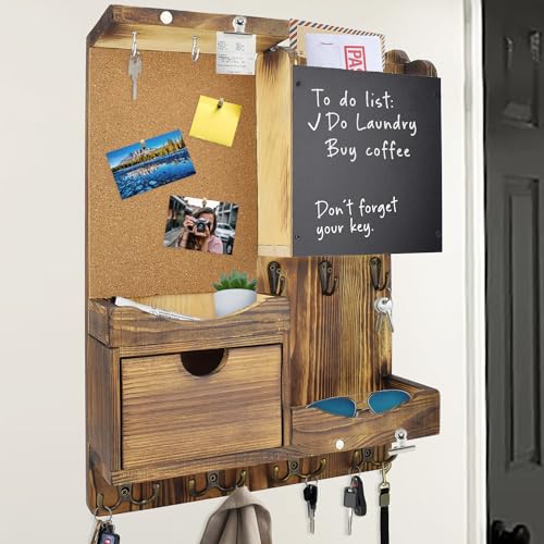 Key Holder Wall Mount， Mail Organizer Key Holder for Wall with Shelf, Drawer, Chalkboard, Corkboard, Home Decor Wall Mounted for Room Entryway(Natural Wood) - color: Natural Wood, size: Vertical