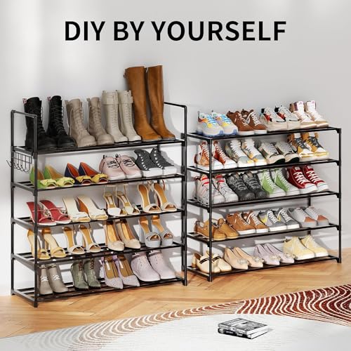 Metal Shoe Organizer,6 Tiers Shoe Storage Shoe Rack with Hooks,Fit 24-30 Pairs,Adjustable Shoe Shelf for Entryway,Hallway,Bedroom,Metal Bottom Support - size: 6 Tier
