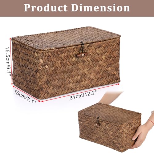 Sumnacon Wicker Basket with Lid Rectangle Woven Baskets for Toiletries Tampon Storage,Wicker Storage Basket with Lid,Decorative Seagrass Storage Baskets for Shelf Bathroom Toilet Table, Coffee - color: Coffee, size: Medium