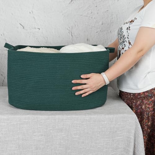 XUANGUO Large Rectangle Blankets Basket Living Room 22"x17"x12" Woven Cotton Rope Storage Basket for Nursery Toy Baskets for Kids and Dogs Wicker Laundry Baskets Bin for Clothes Towels dark green - color: Dark green